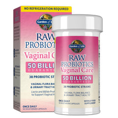 Garden of Life frasco frontal mostrando la etiqueta y beneficio de equilibrio vaginal