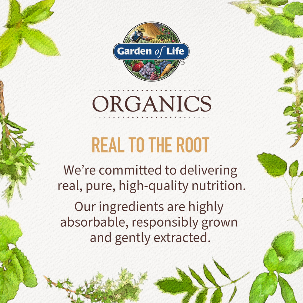 Garden of Life ingredientes y mezcla de hongos orgánicos ilustrando perfil natural