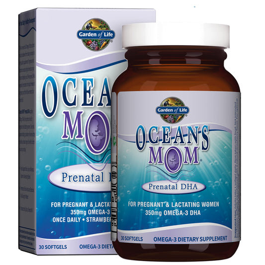 Garden of Life empaque frontal mostrando nombre y sabor fresa y beneficio prenatal