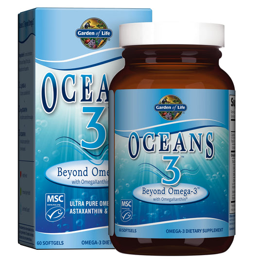 Garden of Life Oceans 3 vista frontal con caja y envase mostrando beneficios