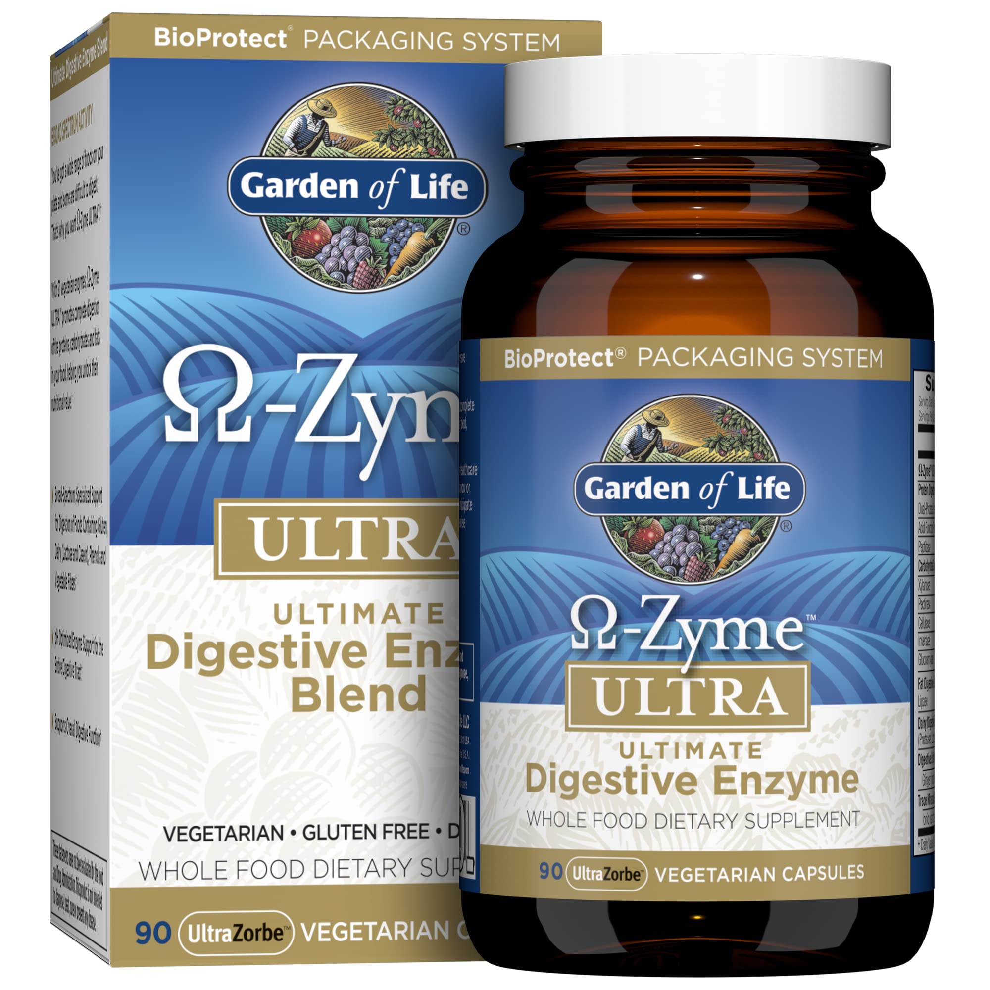 Garden of Life frasco frontal mostrando 90 cápsulas y beneficio digestivo