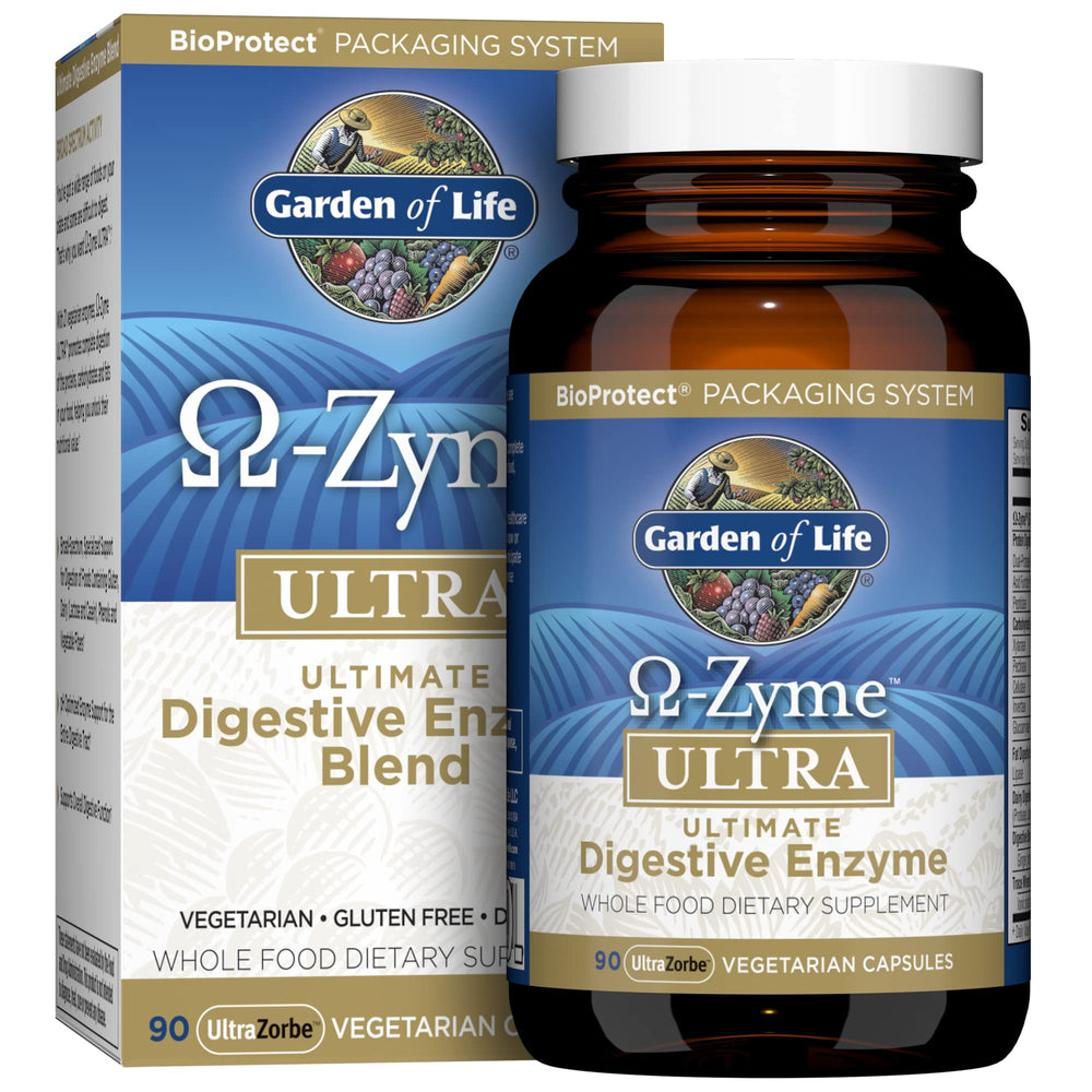 Garden of Life frasco frontal mostrando 90 cápsulas y beneficio digestivo
