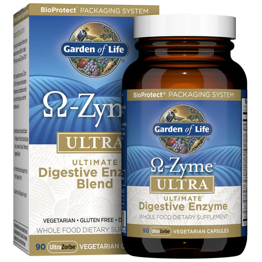 Garden of Life frasco frontal mostrando 90 cápsulas y beneficio digestivo