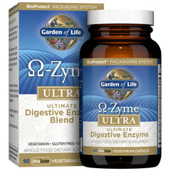 Garden of Life frasco frontal mostrando 90 cápsulas y beneficio digestivo