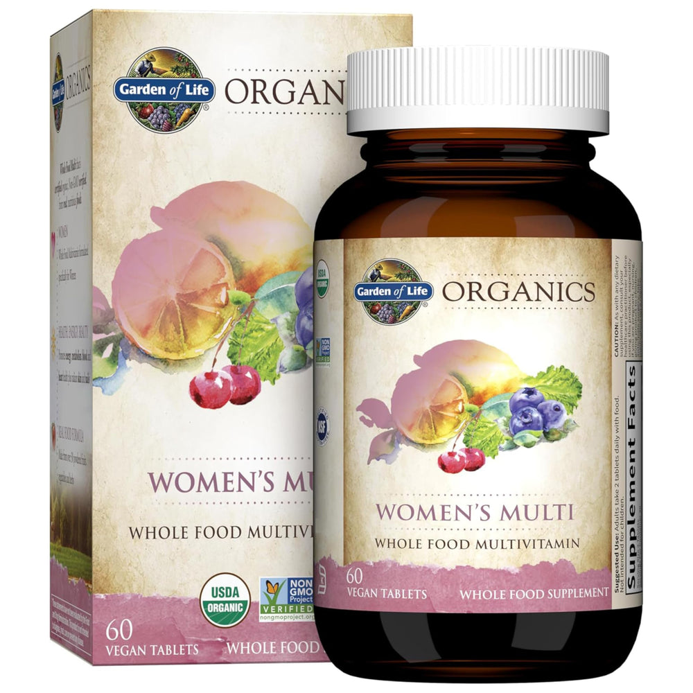 Garden of Life frasco frontal mostrando la etiqueta orgánica y beneficios