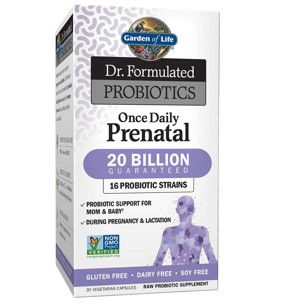 Garden of Life frente del empaque mostrando la marca y beneficio prenatal