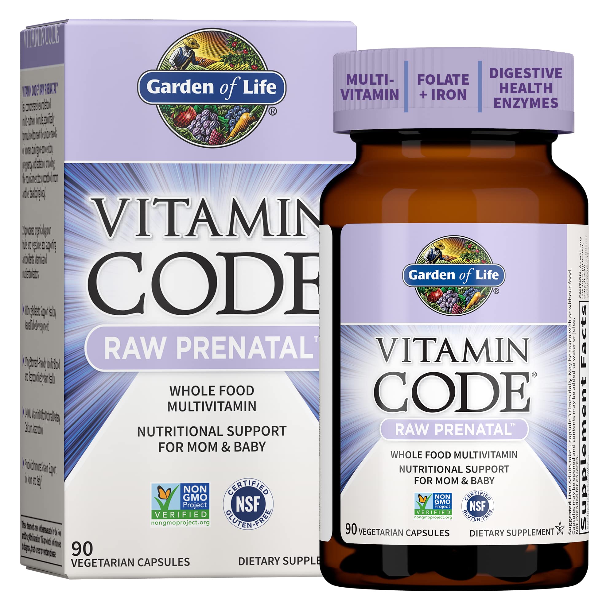 Garden of Life envase frontal mostrando fórmula prenatal y beneficios