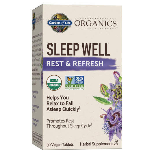 Garden of Life empaque frontal mostrando el nombre y beneficios para dormir