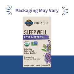 Garden of Life tableta Sleep Well en primer plano destacando su formato vegano
