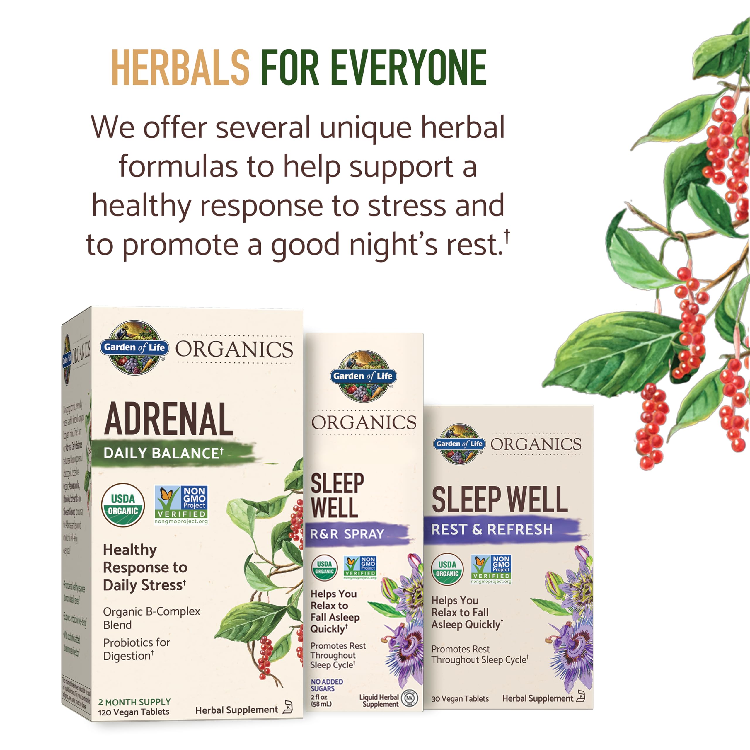 Tabletas Garden of Life junto a ingredientes orgánicos que ilustran la mezcla de adaptógenos