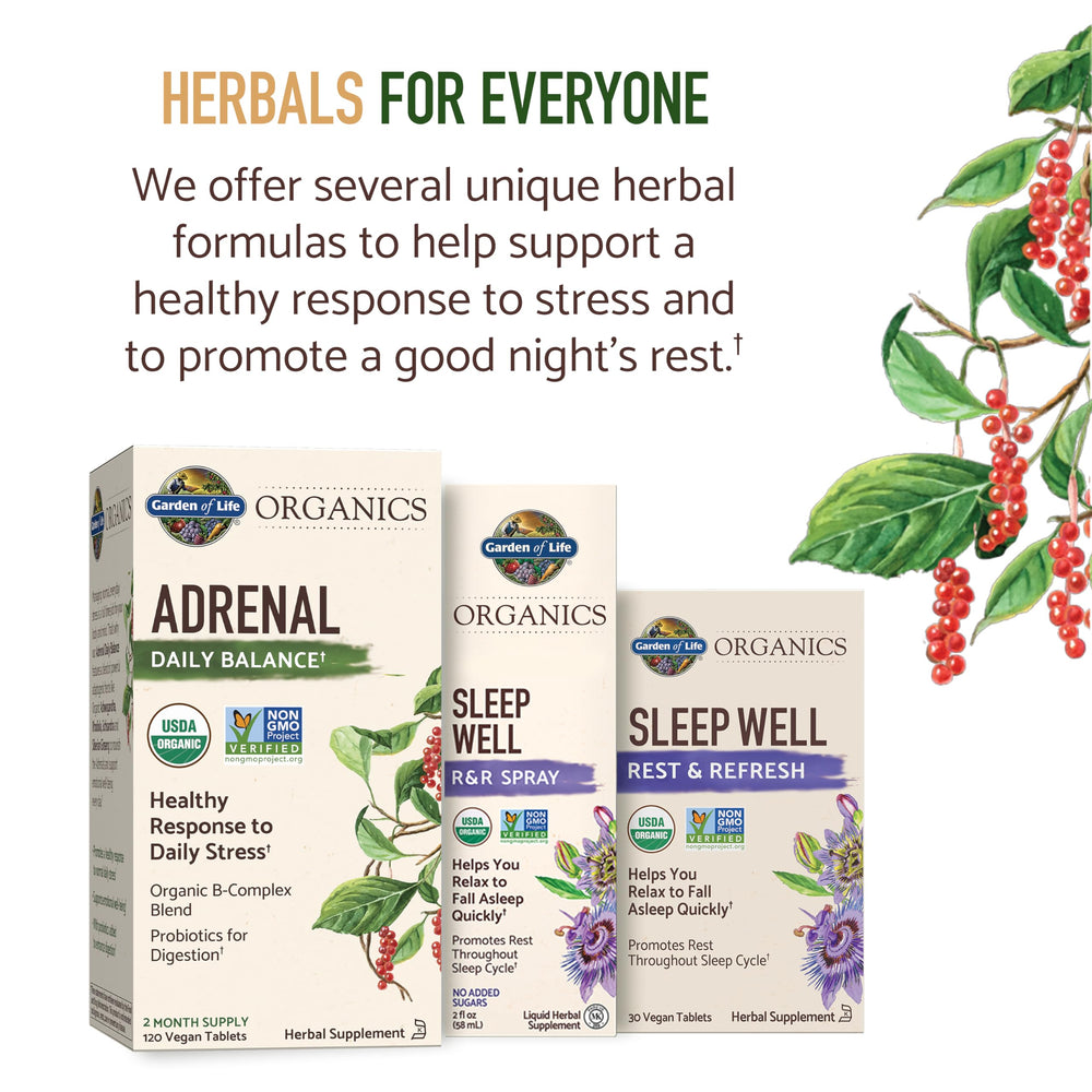 Tabletas Garden of Life junto a ingredientes orgánicos que ilustran la mezcla de adaptógenos