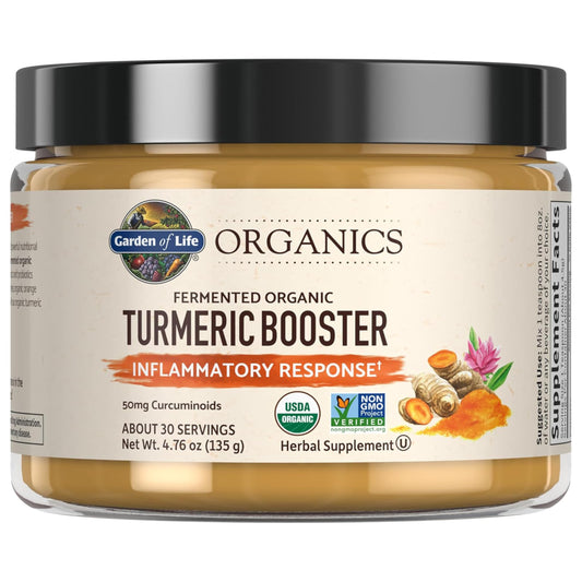 Garden of Life frasco frontal del Turmeric Booster mostrando diseño y certificaciones
