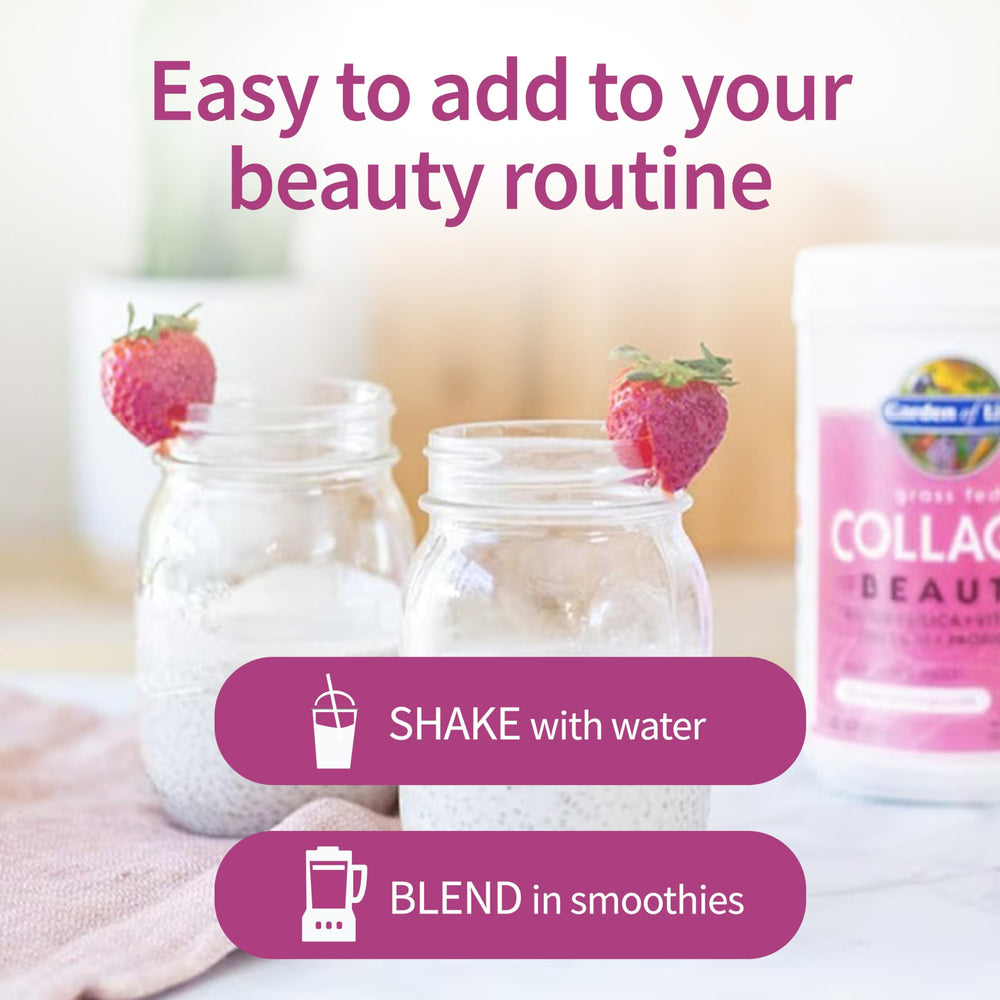Garden of Life polvo añadido a un smoothie de frutas para una rutina de belleza diaria