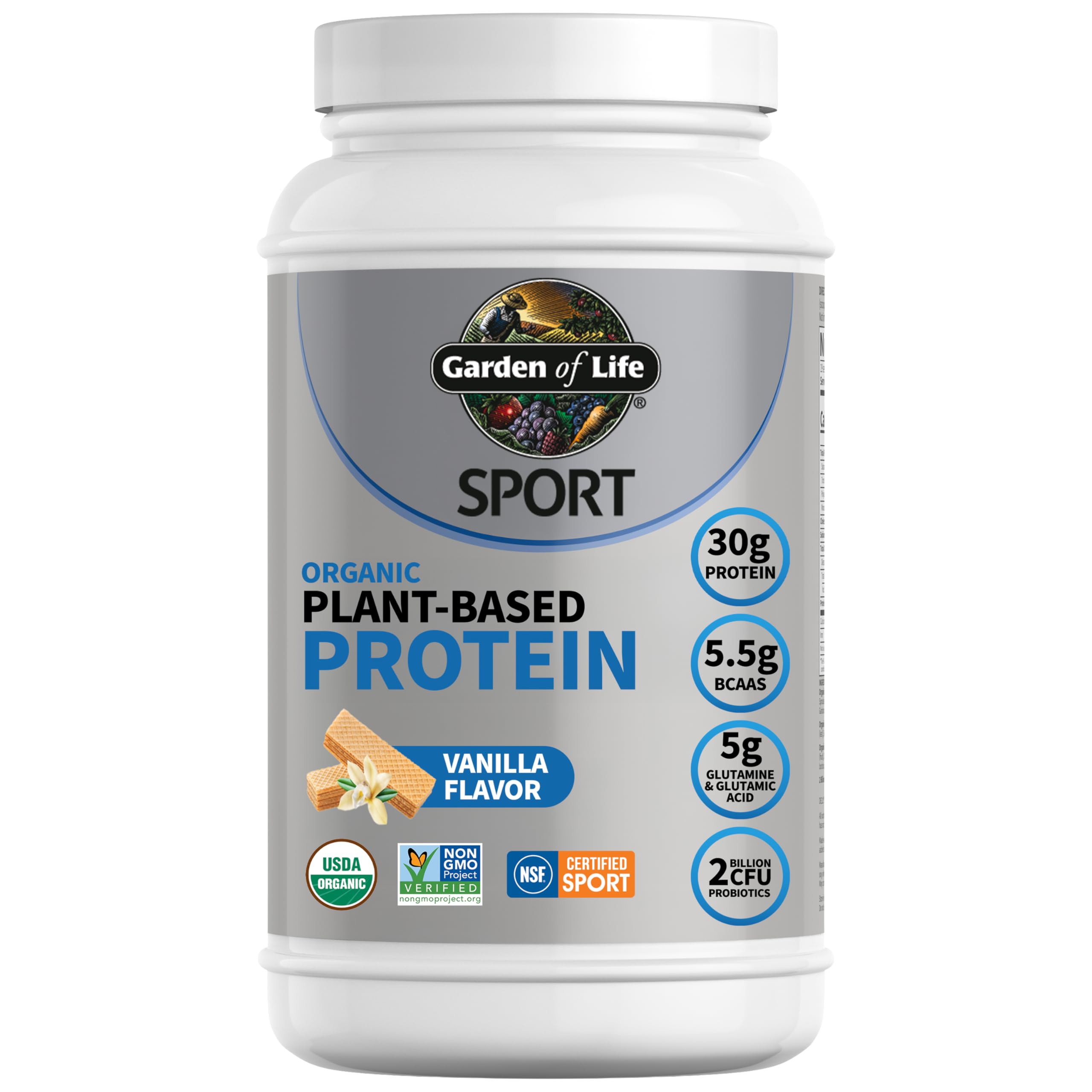 Garden of Life envase frontal de proteína vegana vainilla, muestra claridad y confianza