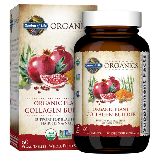 Garden of Life envase frontal del Vegan Collagen Builder mostrando certificaciones orgánicas y veganas
