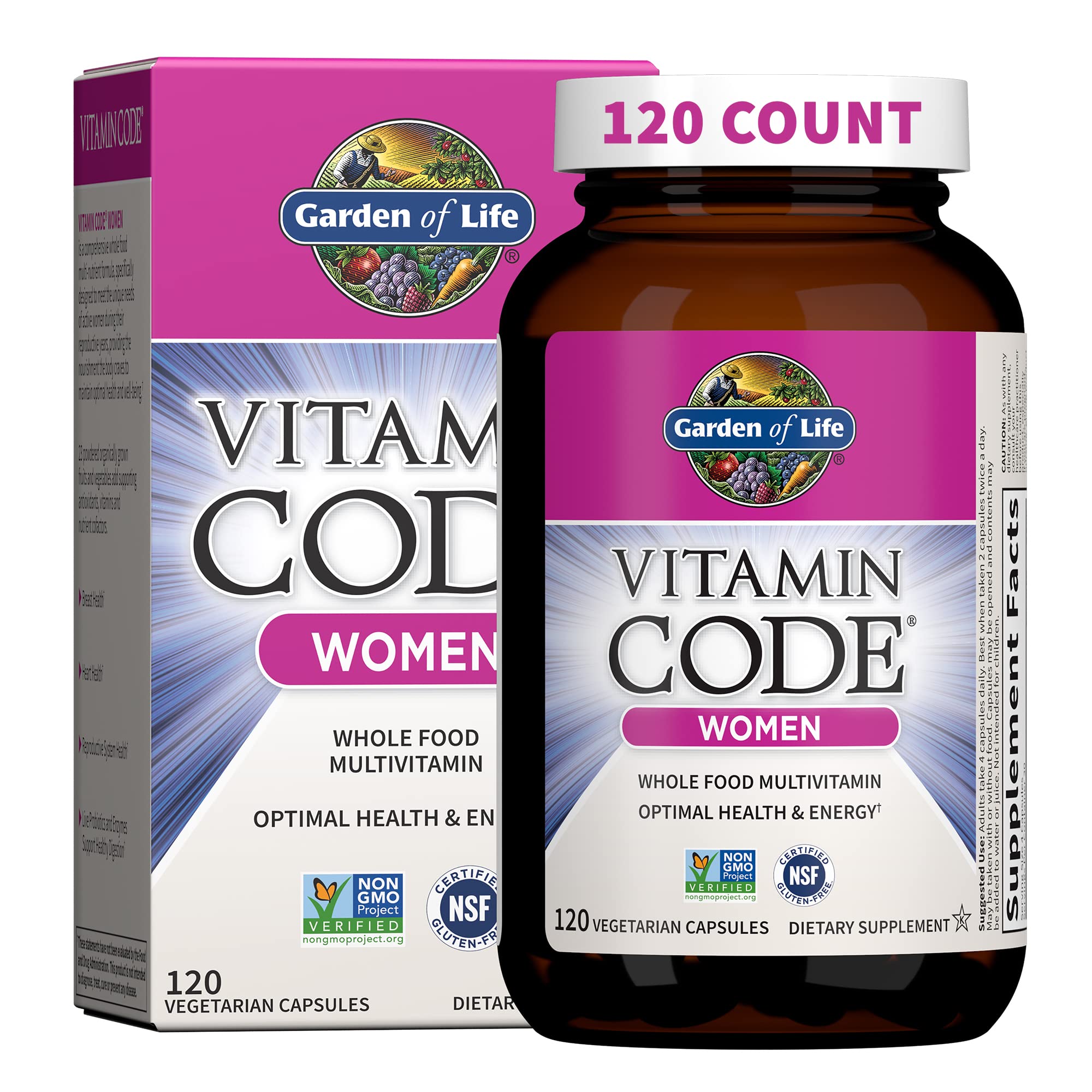 Garden of Life frasco frontal mostrando etiqueta y beneficios
