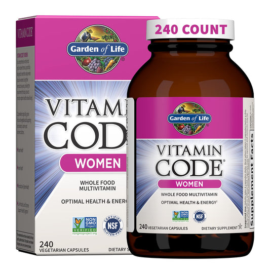 Garden of Life frasco frontal del producto mostrando la marca y beneficio de multivitamínico