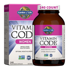 Garden of Life frasco frontal del producto mostrando la marca y beneficio de multivitamínico