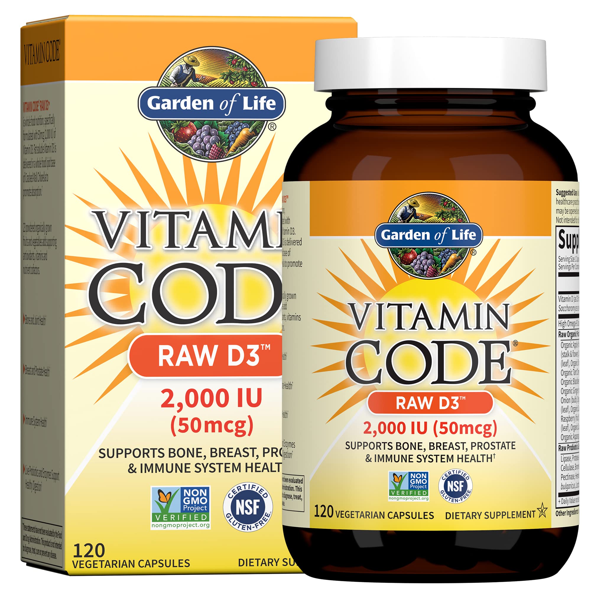 Garden of Life frasco frontal de Vitamin Code RAW D3 mostrando etiquetas claras y beneficios