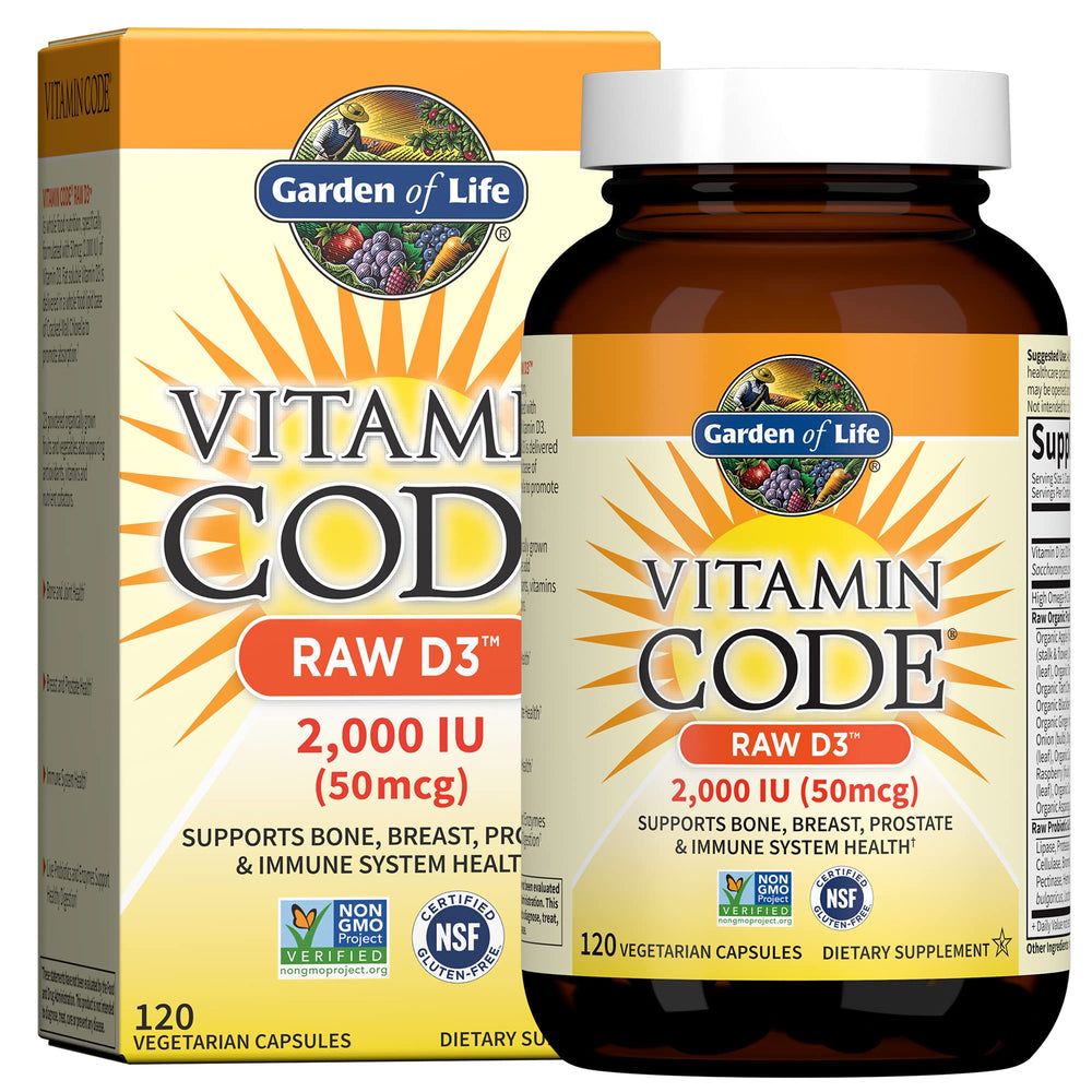 Garden of Life frasco frontal de Vitamin Code RAW D3 mostrando etiquetas claras y beneficios