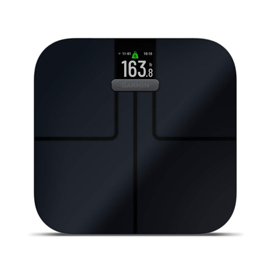 Garmin Index S2 frontal mostrando pantalla a color y diseño elegante, facilita lecturas claras