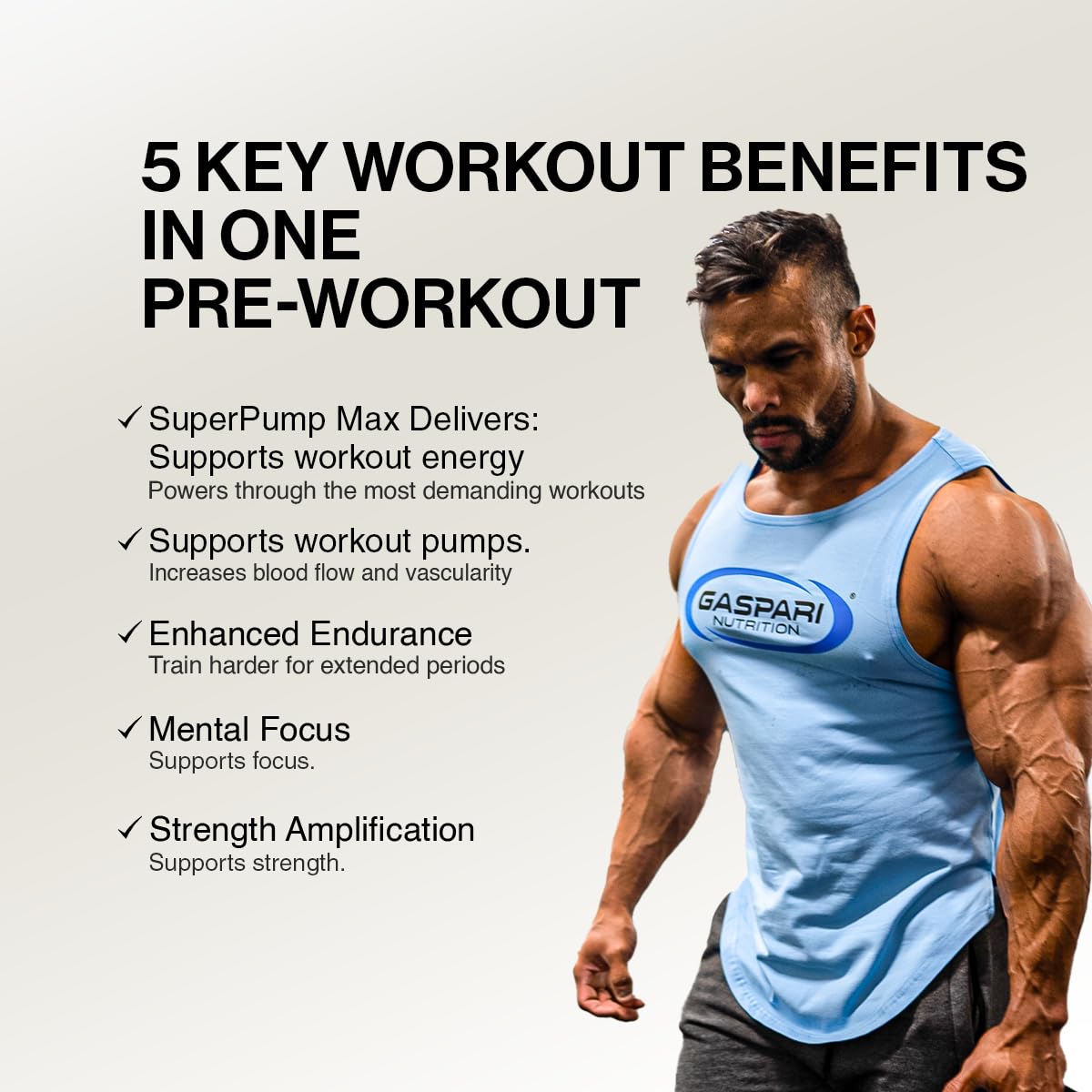 Detalle de la lista de ingredientes de Gaspari SuperPump MAX mostrando dosis orientadas al rendimiento