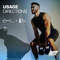 GAT SPORT frasco junto a una pesa para comparar tamaño y portabilidad