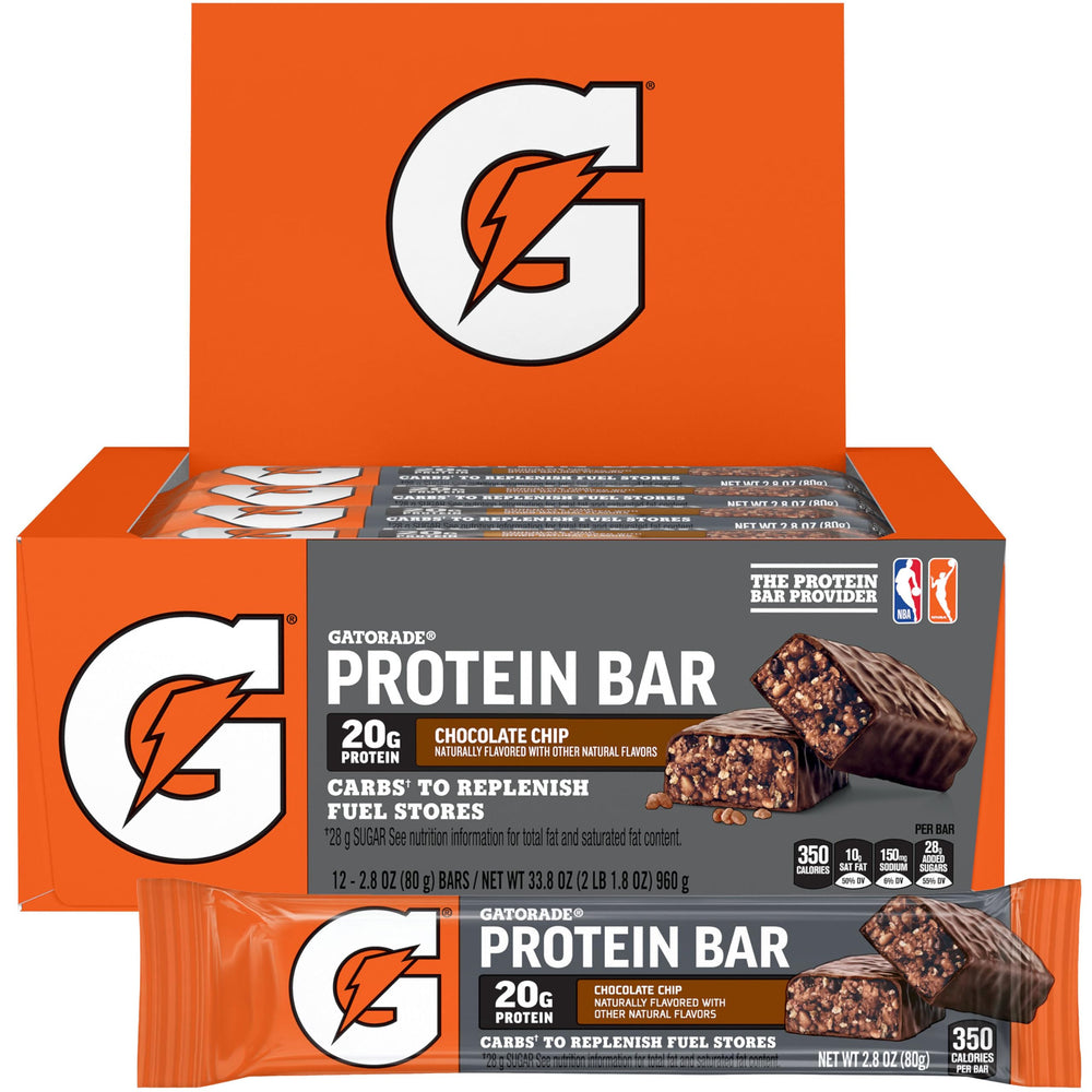 Gatorade paquete frontal de barras chocolate chip muestra contenido y conveniencia