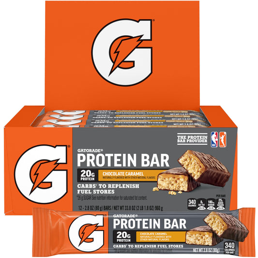 Gatorade recover whey frente del paquete mostrando caja y sabor chocolate caramelo, práctico para llevar