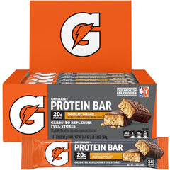 Gatorade recover whey frente del paquete mostrando caja y sabor chocolate caramelo, práctico para llevar