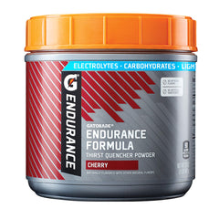 Gatorade Endurance envase frontal que muestra tamaño y sabor Cherry para hidratación extendida