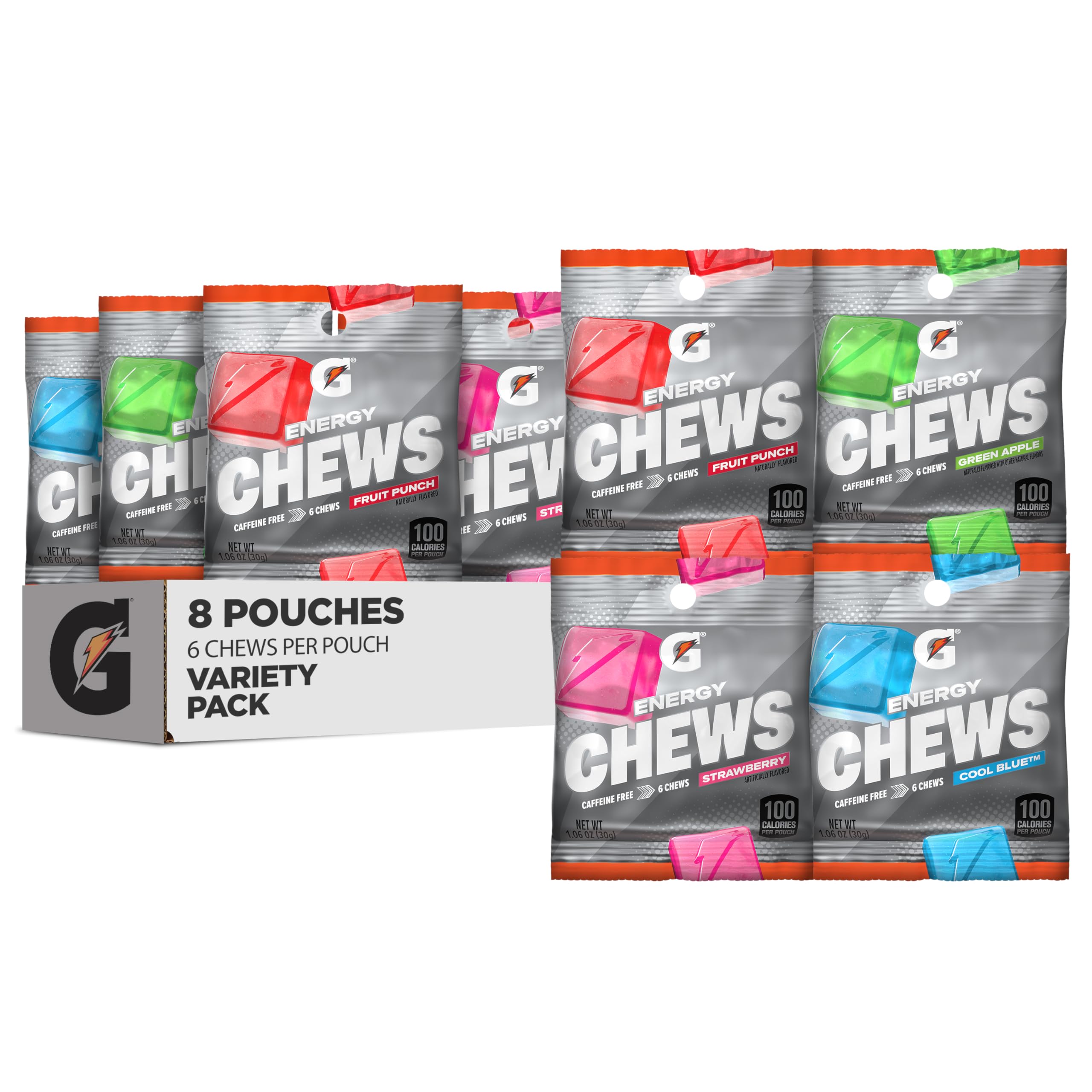 Gatorade empaque frontal del pack de 8 sobres mostrando variedad de sabores y conveniencia