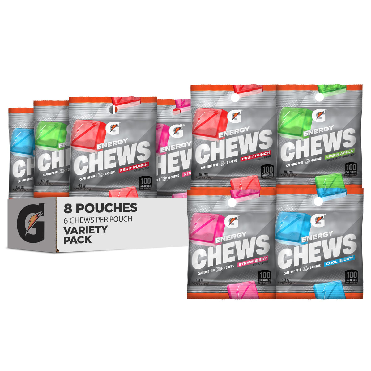 Gatorade empaque frontal del pack de 8 sobres mostrando variedad de sabores y conveniencia