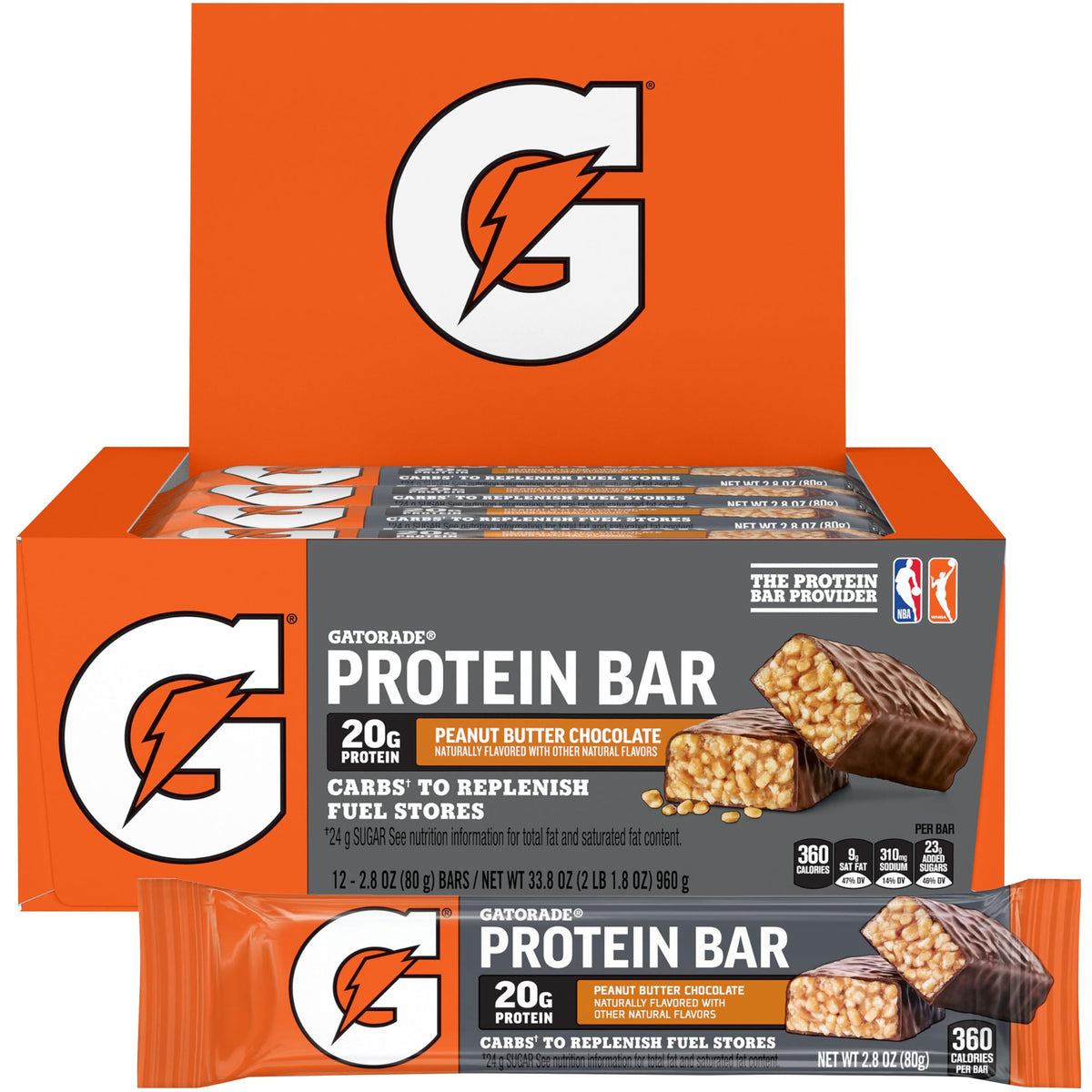 Gatorade empaque frontal mostrando barras Peanut Butter Chocolate y beneficios