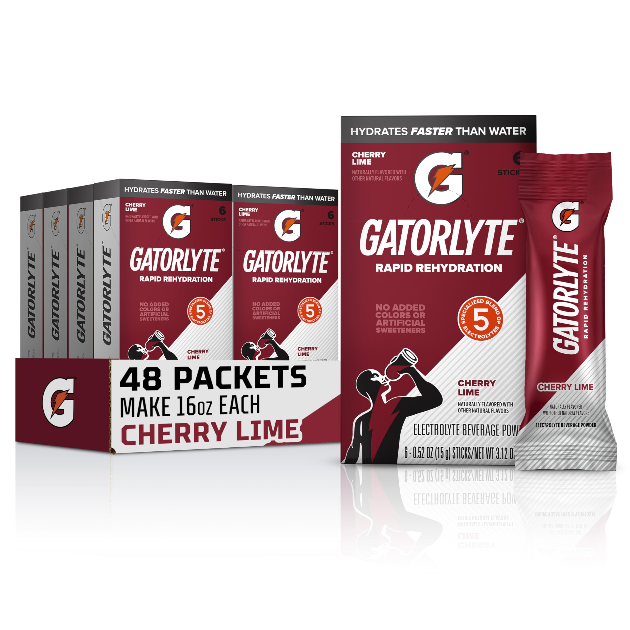 Gatorlyte empaque frontal mostrando 48 sobres y sabor cherry lime, práctico para transporte