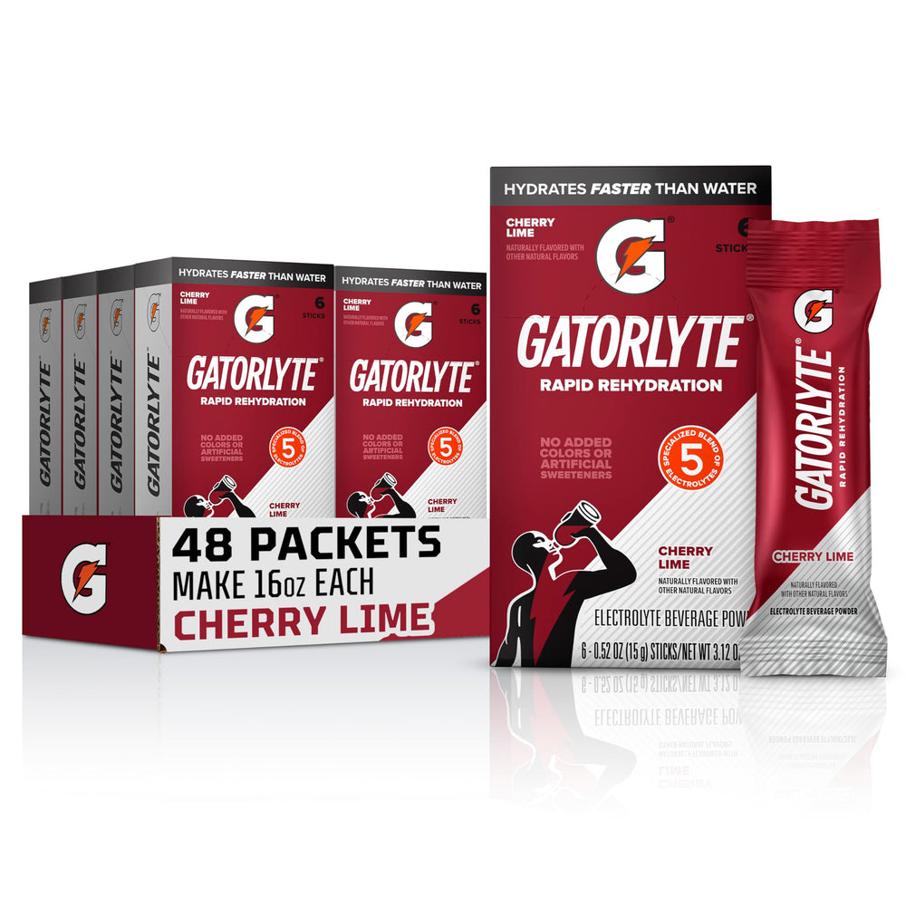 Gatorlyte empaque frontal mostrando 48 sobres y sabor cherry lime, práctico para transporte