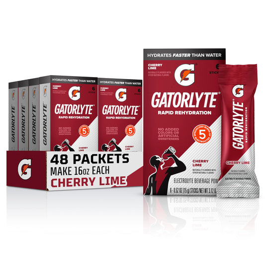 Gatorlyte empaque frontal mostrando 48 sobres y sabor cherry lime, práctico para transporte