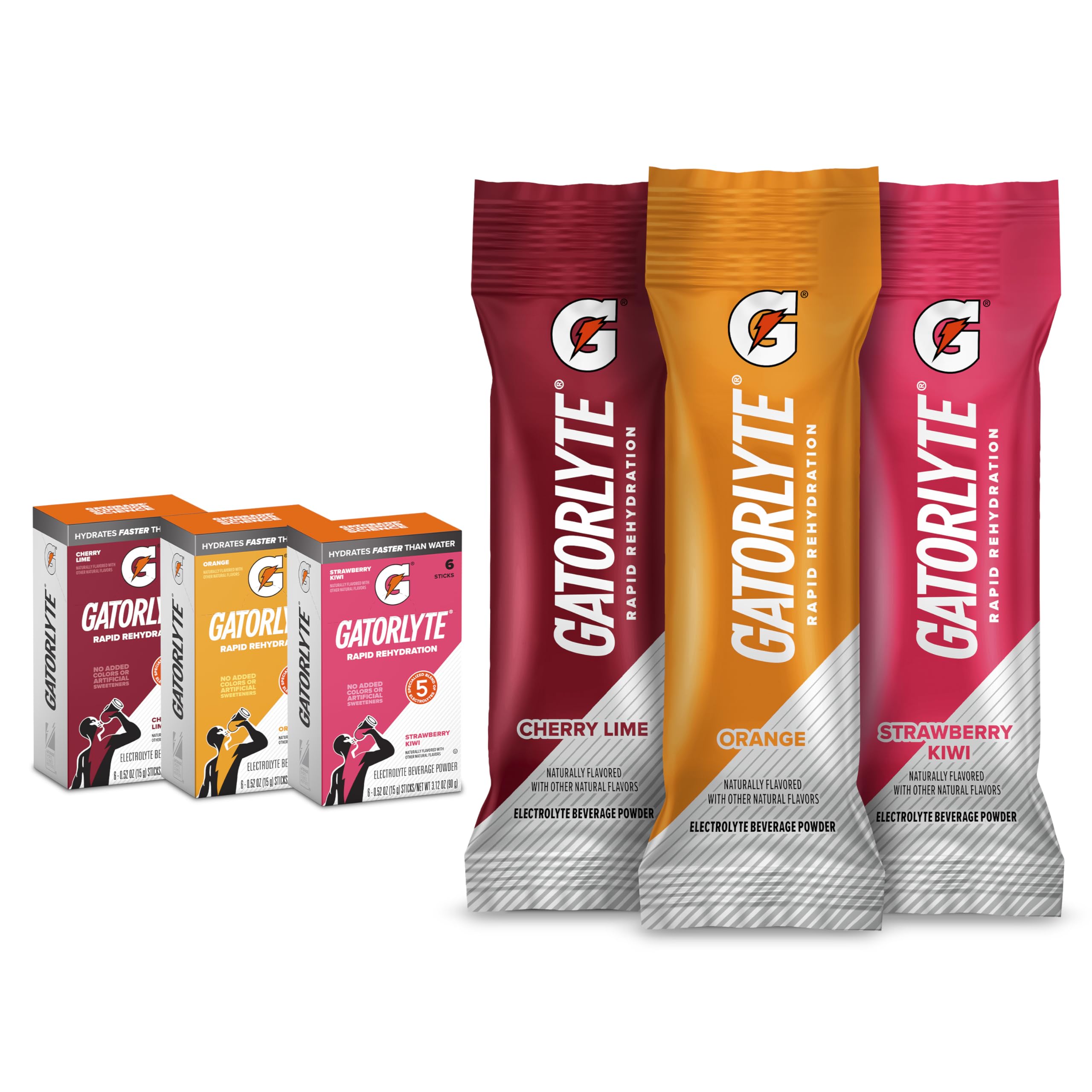 Gatorlyte frente del empaque que muestra variedad de sabores y conveniencia