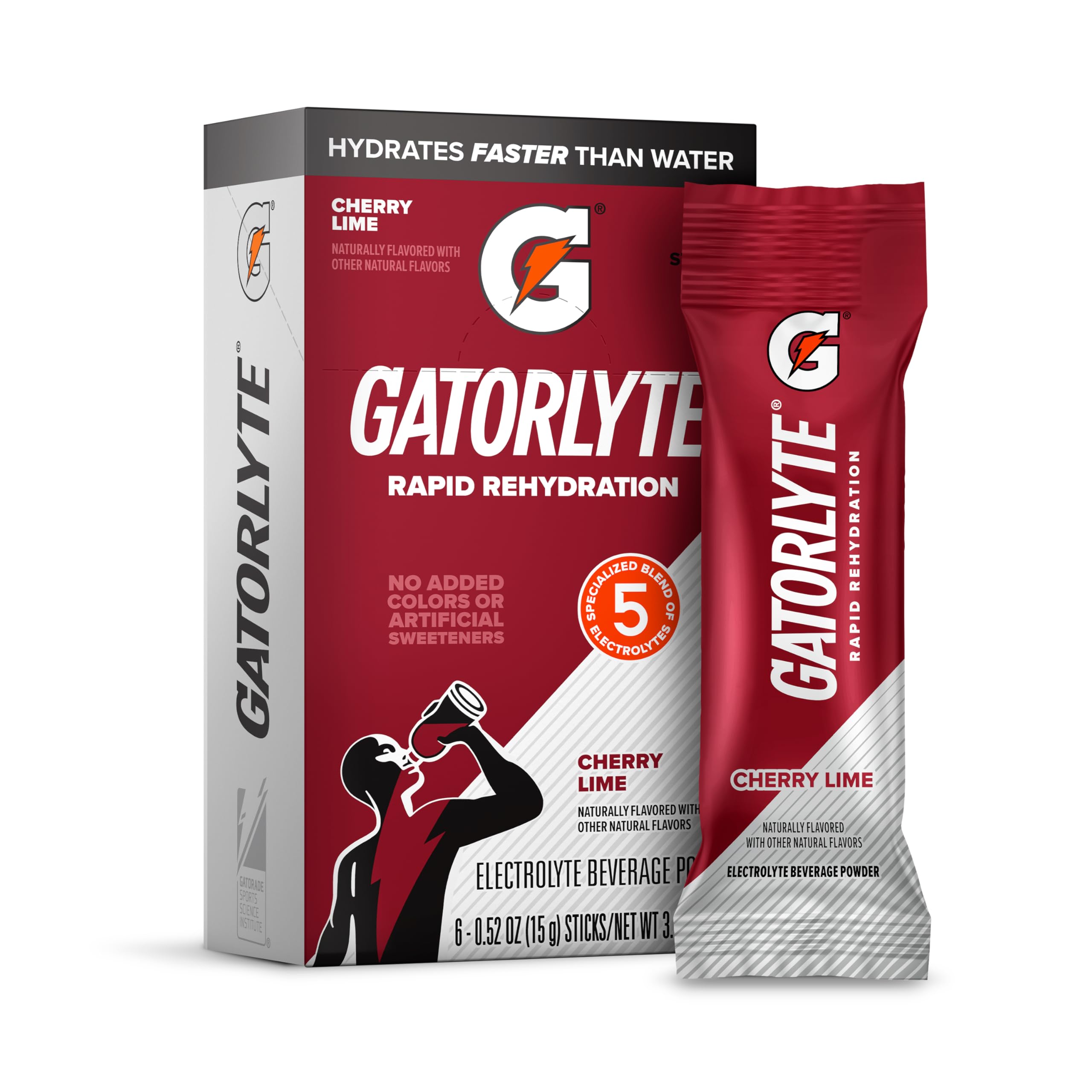 Gatorlyte paquete Cherry Lime mostrando seis sobres para rehidratación rápida