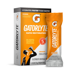 Gatorlyte sobre frente mostrando paquete naranja y beneficio de rehidratación rápida