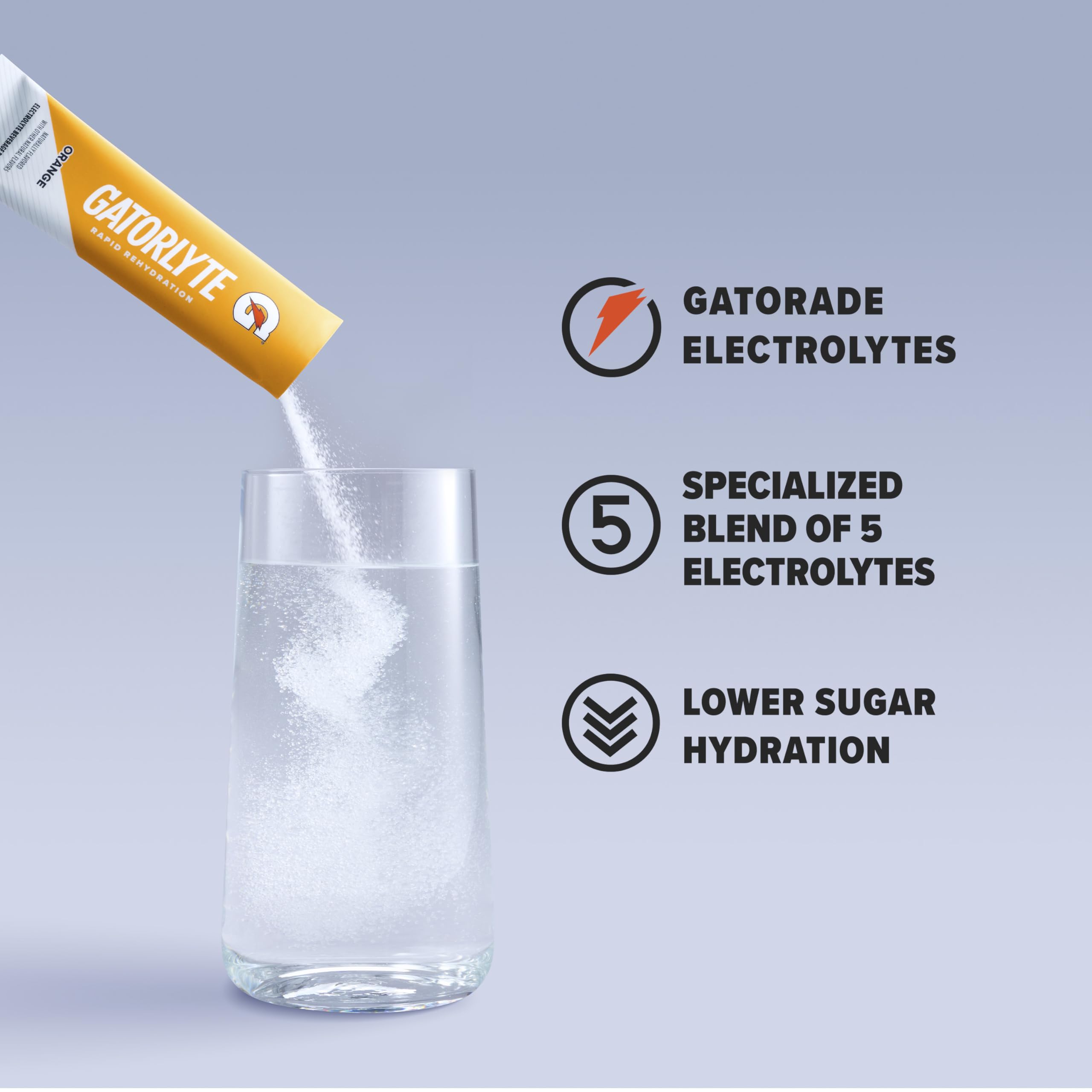 Gatorlyte polvo disuelto en vaso listos para beber y rápida rehidratación
