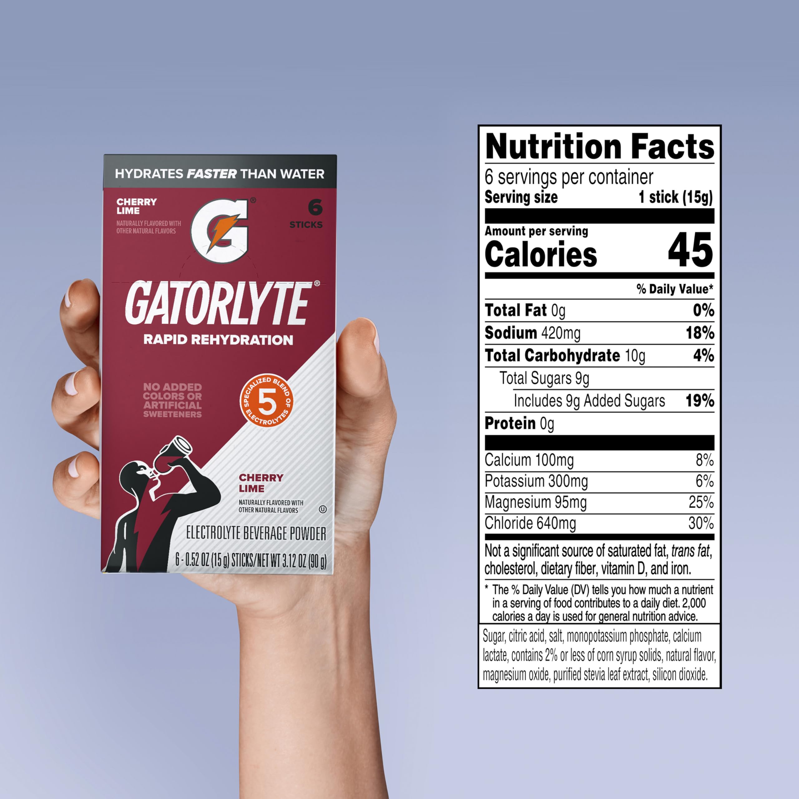 Gatorlyte sobre abierto con polvo visible, muestra equilibrio de electrolitos y conveniencia
