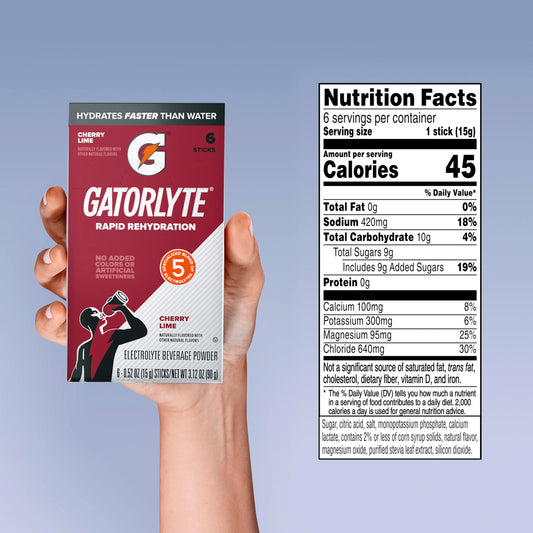 Gatorlyte sobre abierto con polvo visible, muestra equilibrio de electrolitos y conveniencia