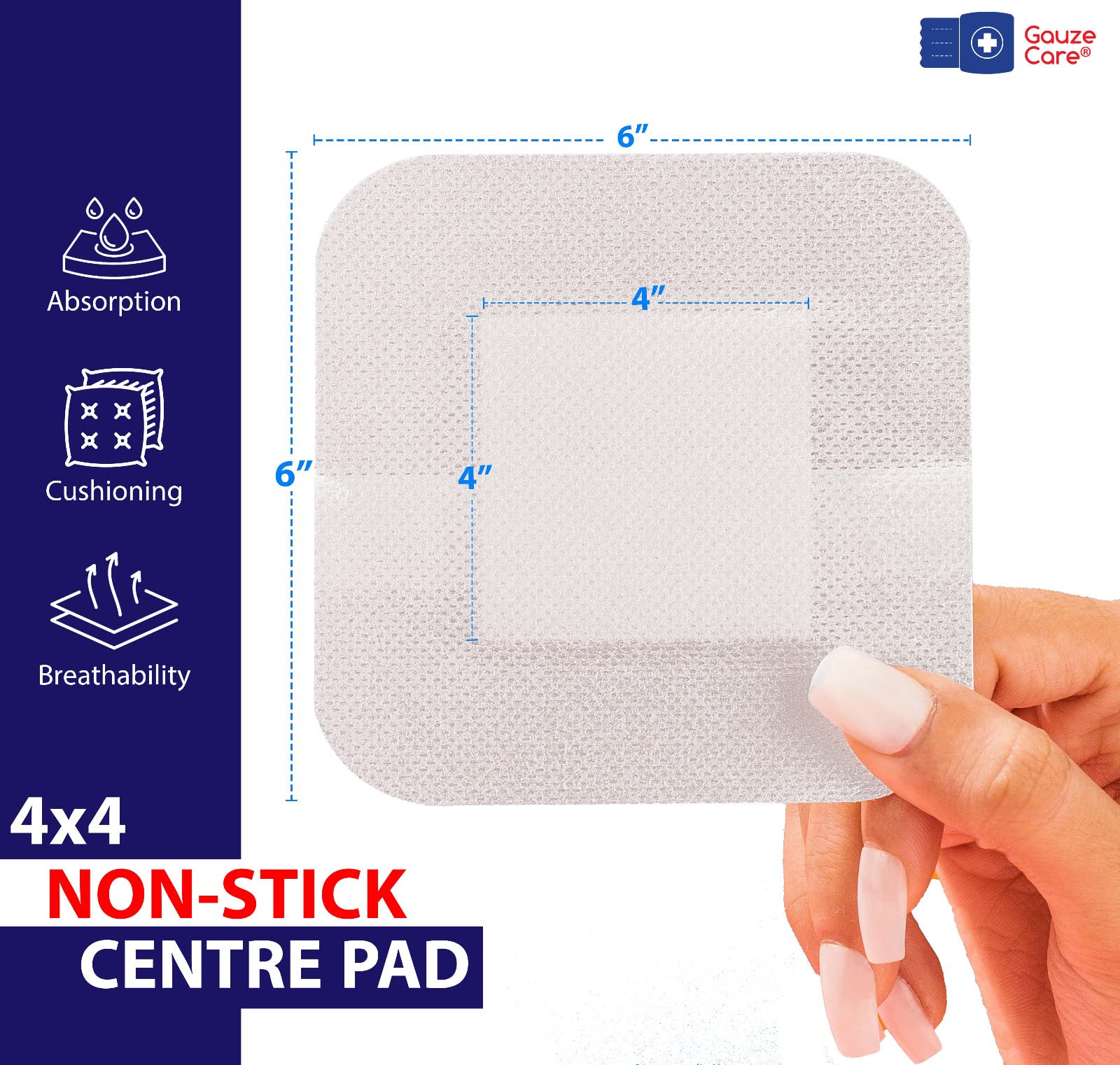 Gauze Care detalle de la almohadilla 4x4 no adherente y absorción