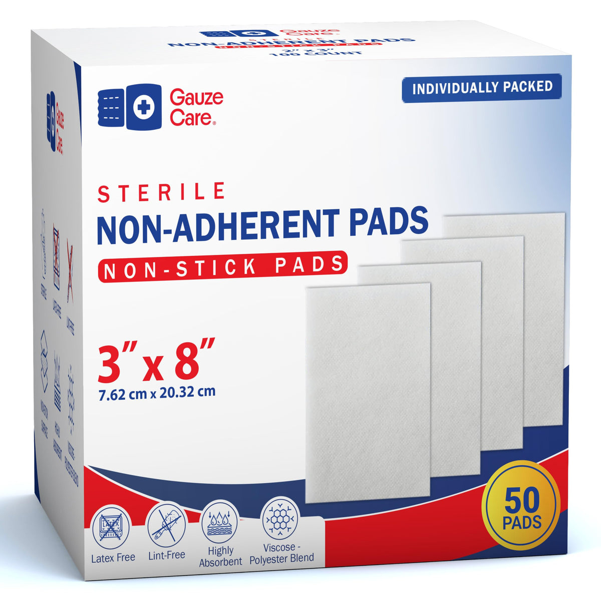 Gauze Care frente del empaque mostrando pack de 50 para reposición rápida