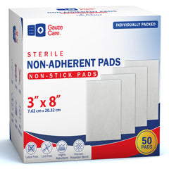 Gauze Care frente del empaque mostrando pack de 50 para reposición rápida