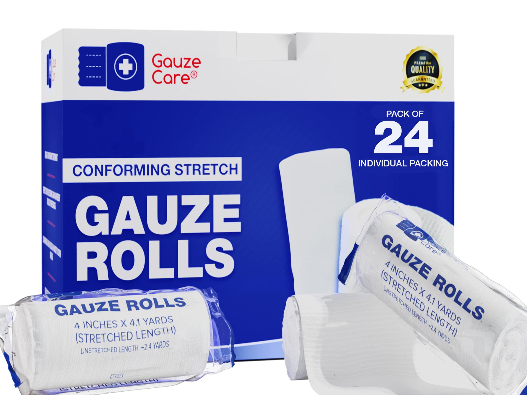 Gauze Care paquete frontal mostrando 24 rollos útil para almacenamiento