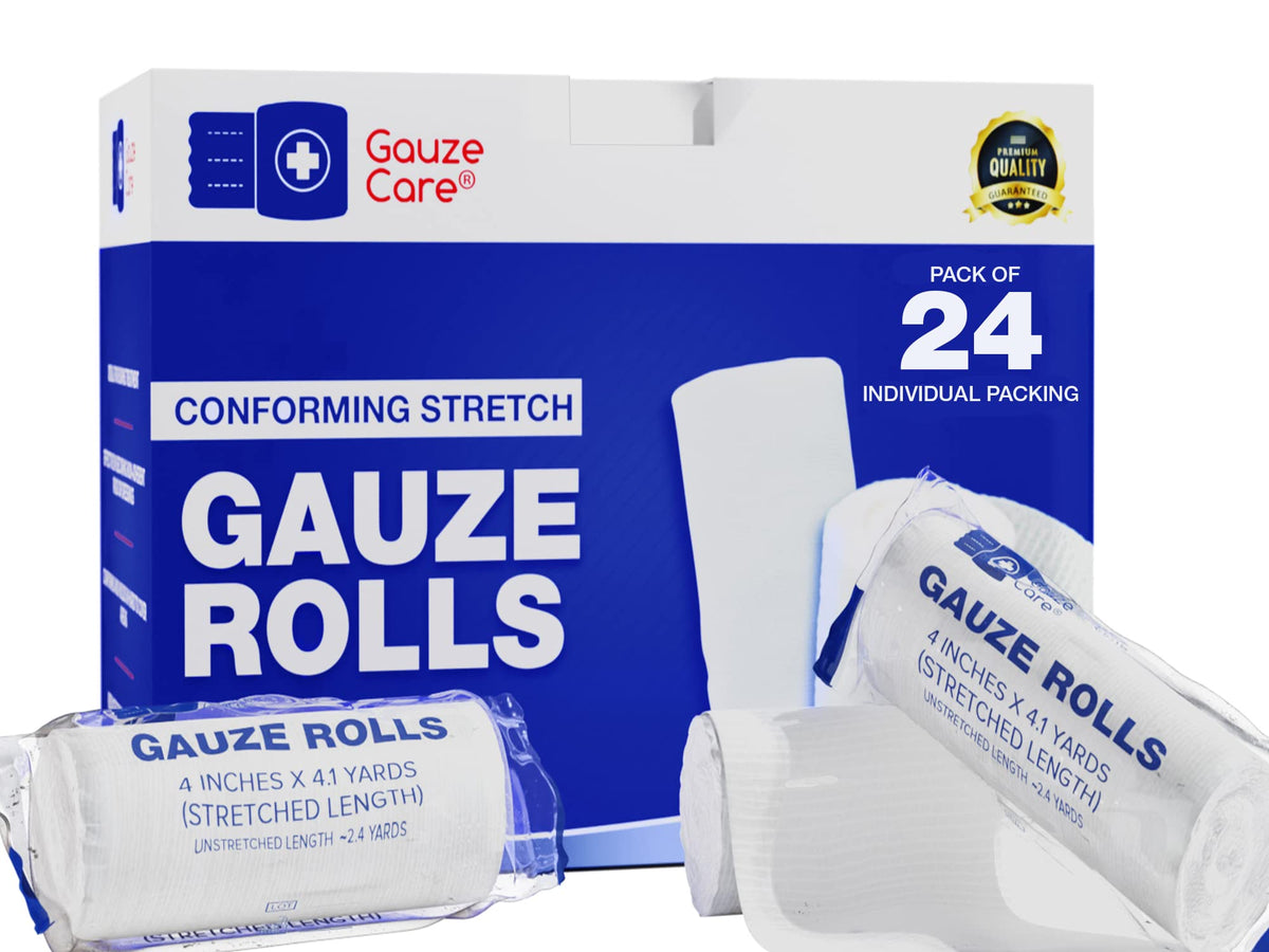 Gauze Care paquete frontal mostrando 24 rollos útil para almacenamiento