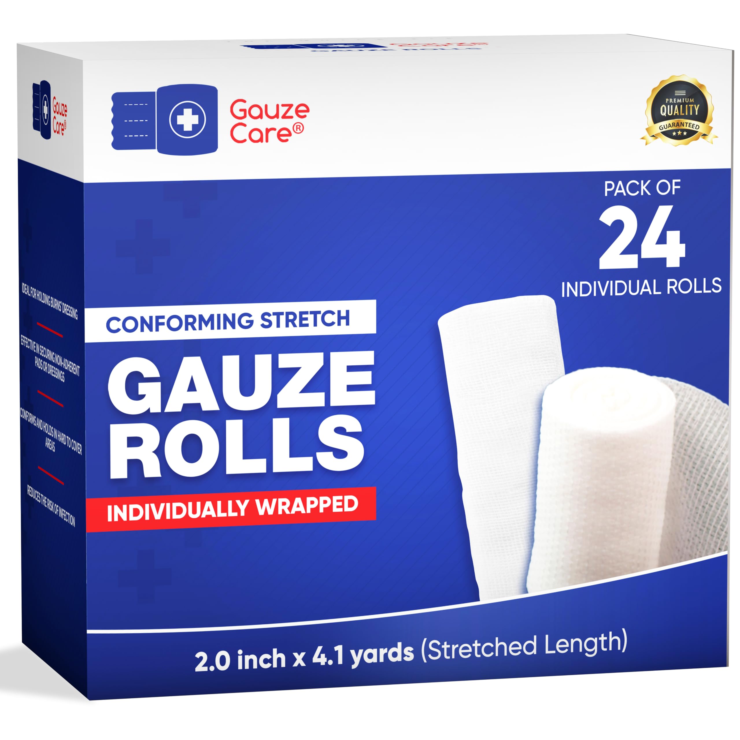 Gauze Care frente del paquete mostrando 24 rollos, protección práctica