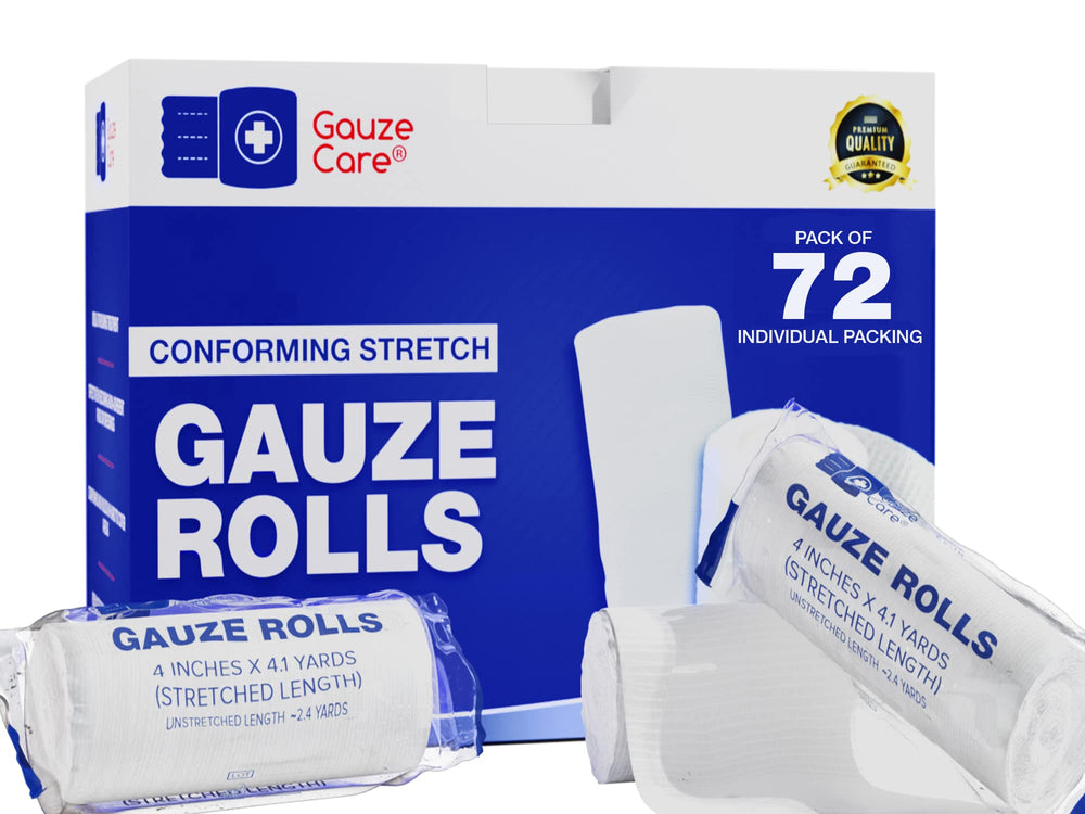 Gauze Care frontal del empaque mostrando 72 rollos y beneficios